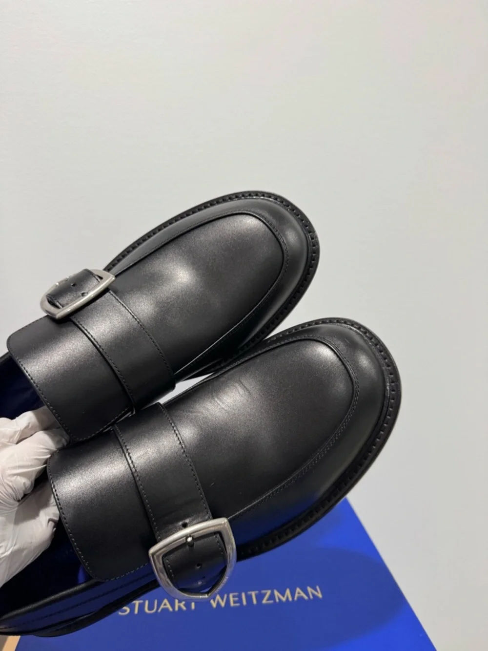 Burberry Black Leather Buckle Monk Strap Loafers with Blue Insole